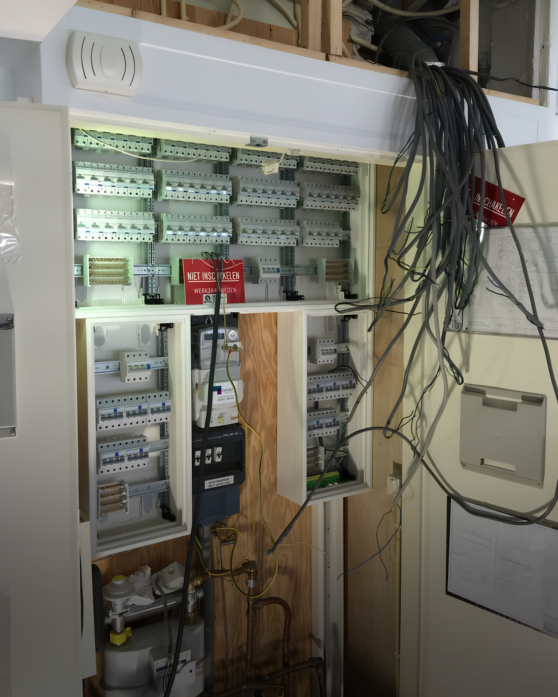 Verouderde groepenkast met losse bedrading vóór renovatie van de elektrische installatie