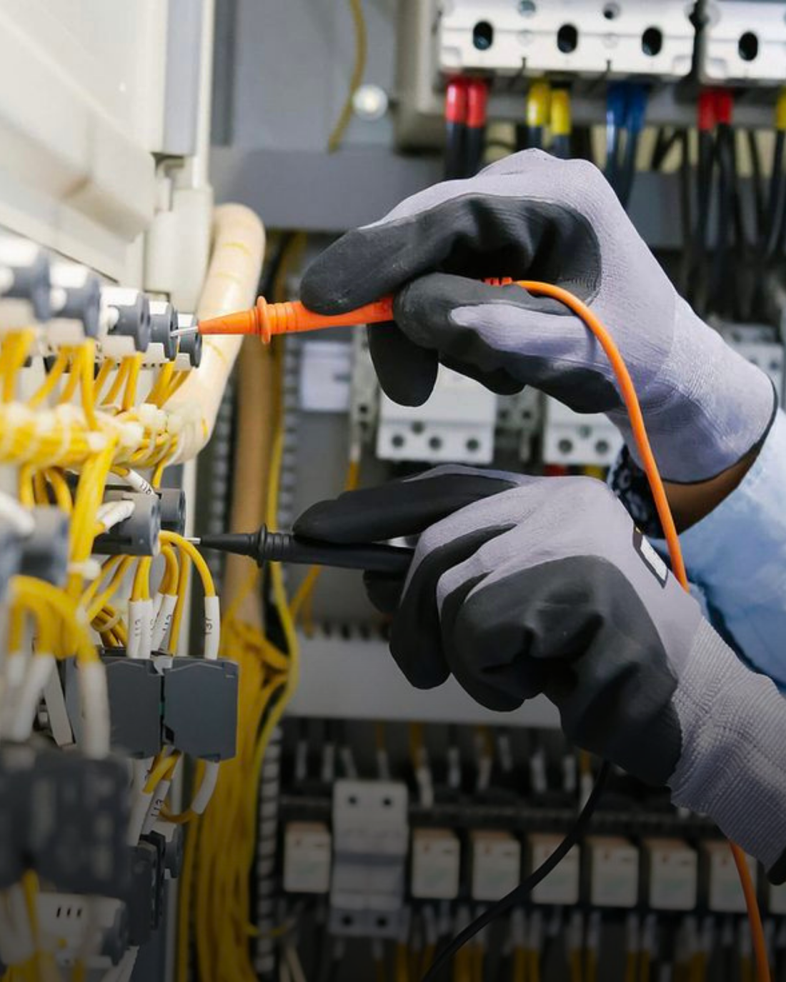 Elektricien test bedrading in een groepenkast om kortsluiting veilig te verhelpen