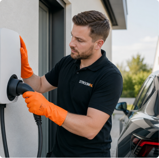Elektricien installeert een laadpaal bij een woning voor veilig thuisladen