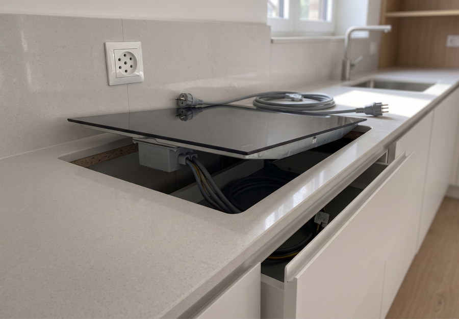 Inductiekookplaat in een moderne keuken met voorbereide Perilex-aansluiting