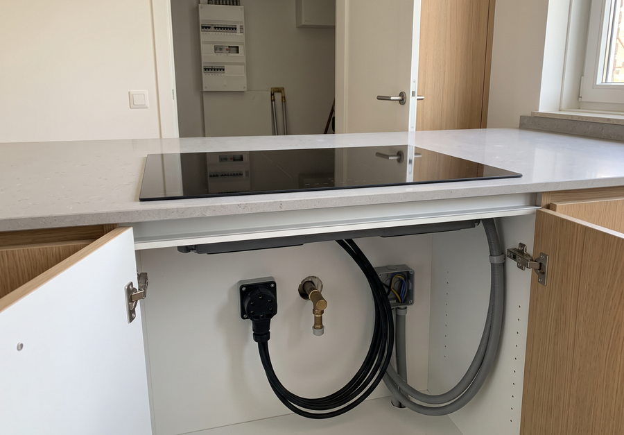 Inductiekookplaat met Perilex-aansluiting en bekabeling onder het keukenblad