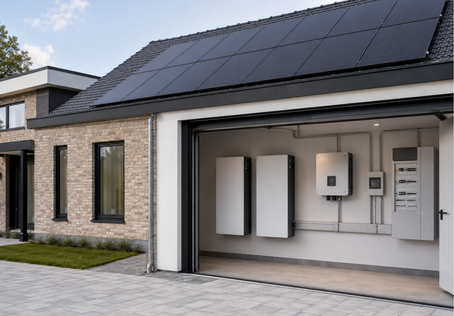 Woning met zonnepanelen voor opslag van opgewekte zonne-energie in een thuisbatterij