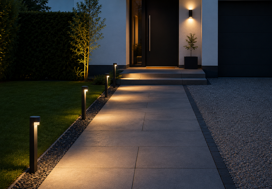 Verlichte tuinpaaltjes langs een donker tuinpad voor veilige looproutes