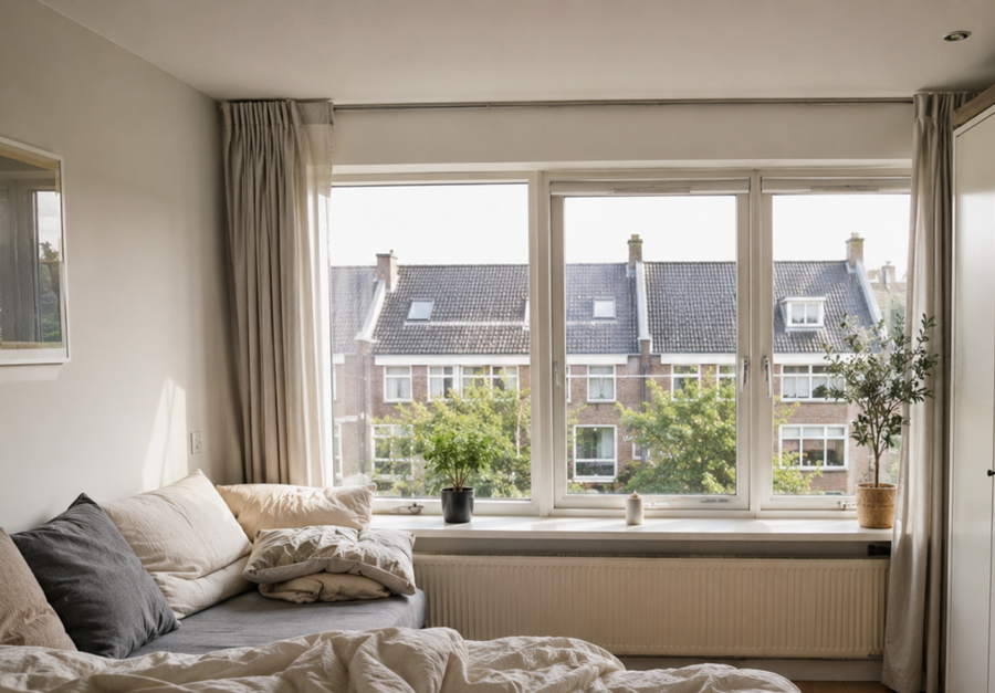 Woonkamer met grote ramen waar een airco nodig is om de ruimte comfortabel te koelen