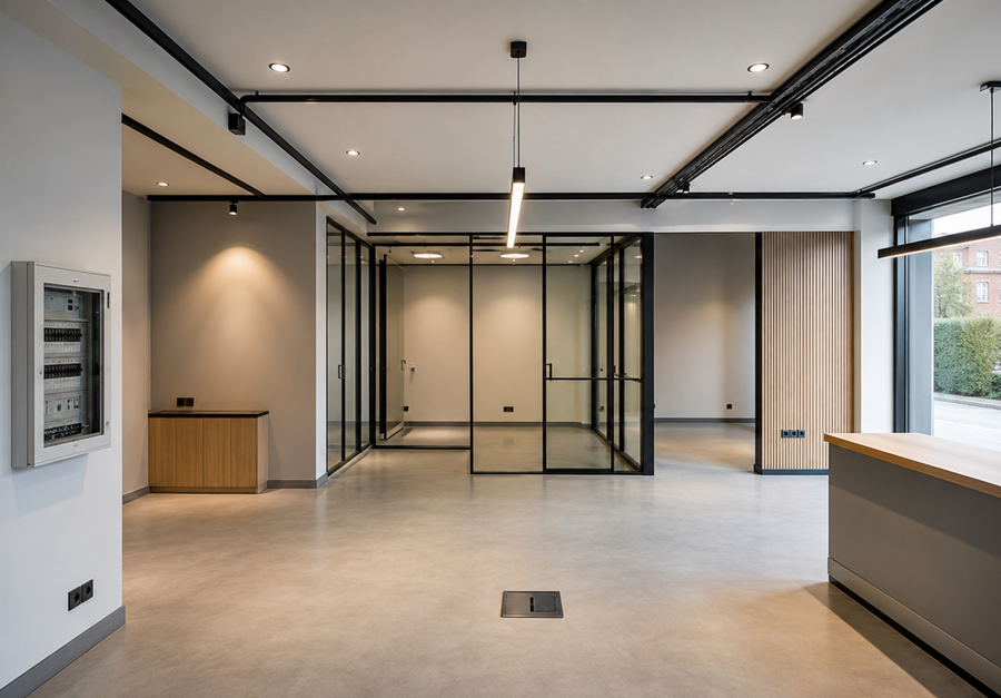Verlichte bedrijfsruimte met moderne elektrotechniek voor renovatie of nieuwe inrichting