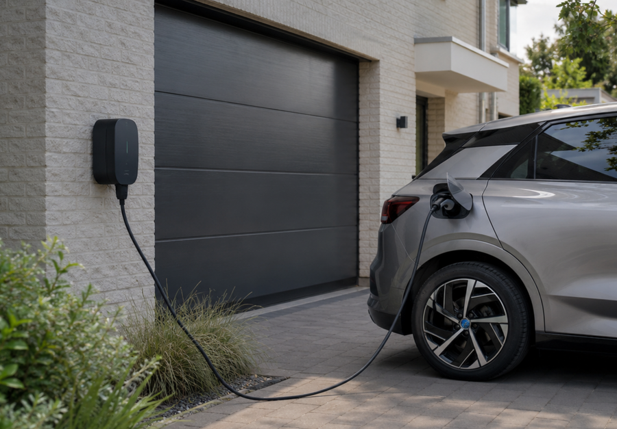 Elektrische auto laadt thuis aan een wandgemonteerde laadpaal