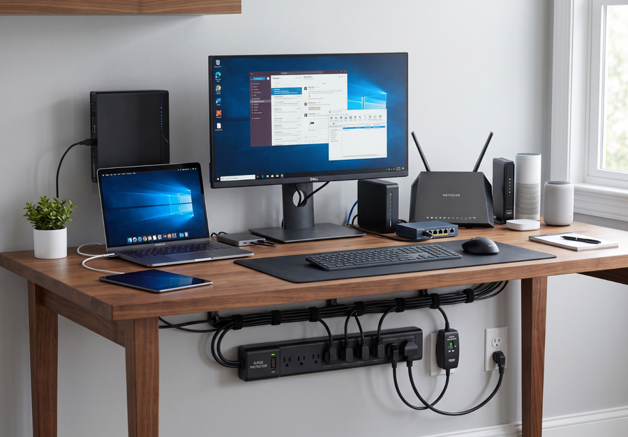Computers en monitoren die bescherming nodig hebben tegen spanningspieken