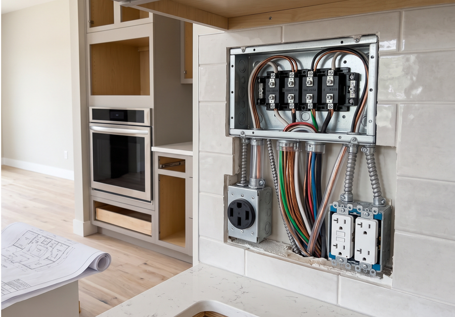 Nieuwe keuken in aanbouw met voorbereide elektra voor extra groepen