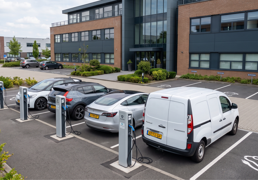 Laadpalen op een parkeerterrein voor elektrisch laden op het werk