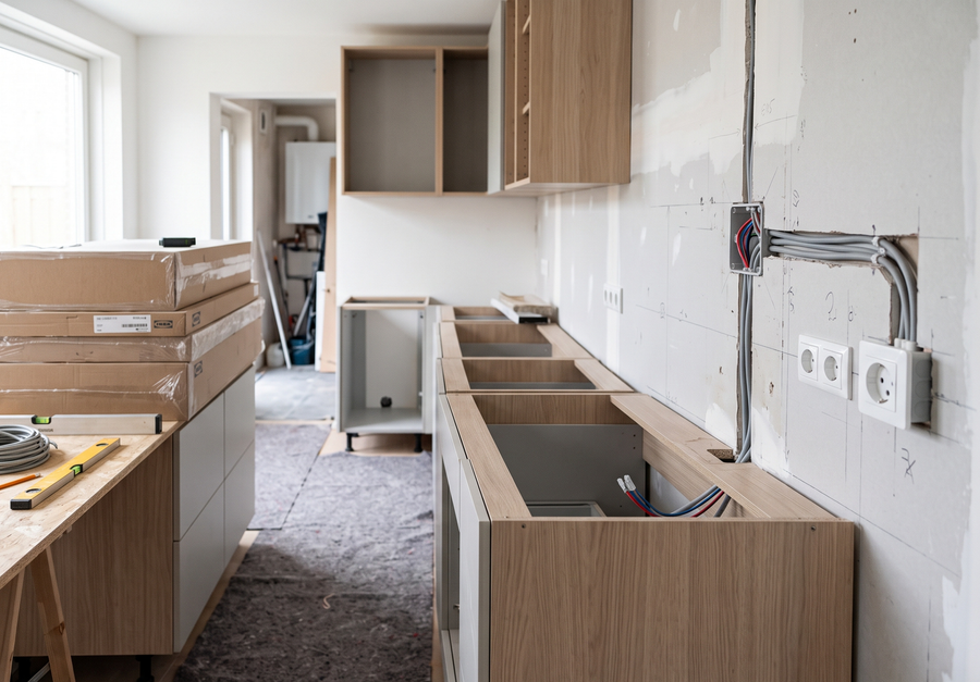 Nieuwe keuken in aanbouw met voorbereide bedrading voor een kookgroep