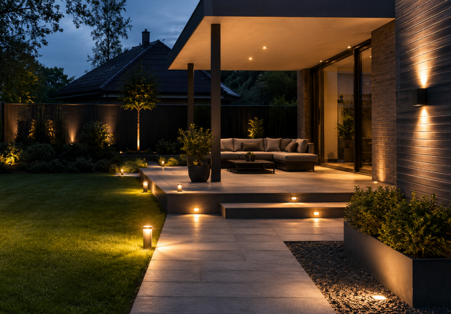 Moderne tuinverlichting rond een woning en terras in de avond