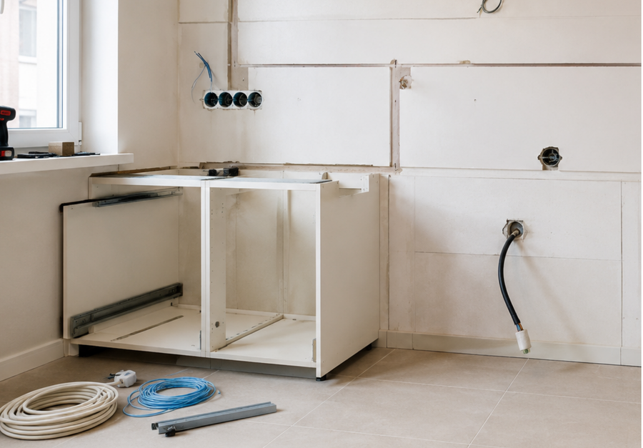 Nieuwe keuken in aanbouw met ruimte voor een inductiekookplaat en elektrische aansluiting