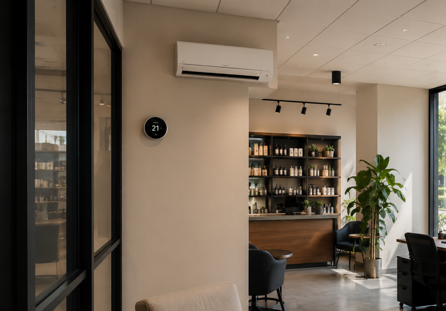 Moderne werkplek met wandairco voor comfortabel koelen en verwarmen