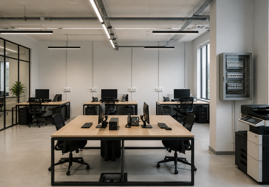 Technische ruimte met apparatuur en aansluitingen voor extra werkplekken