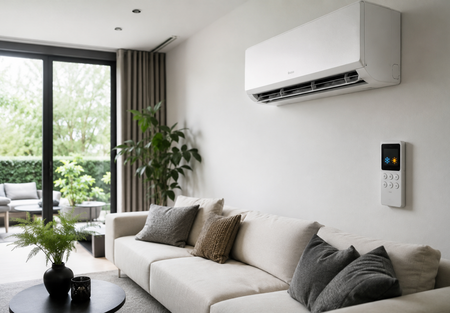 Woonruimte met wandairco voor efficiënt koelen en verwarmen