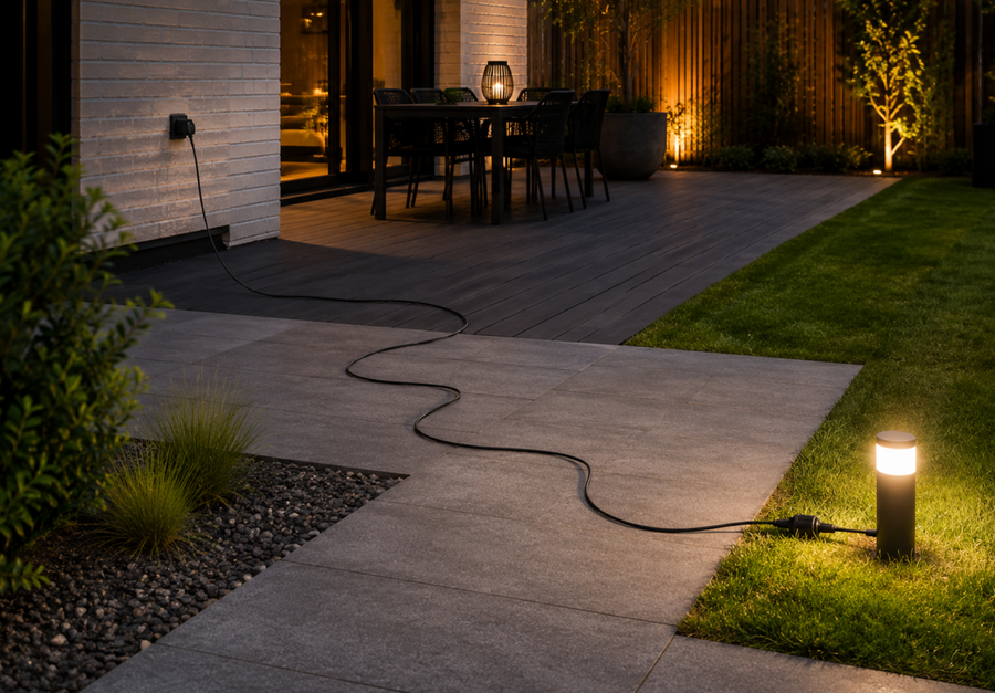 Grondspots verlichten een tuinpad en beplanting langs de woning