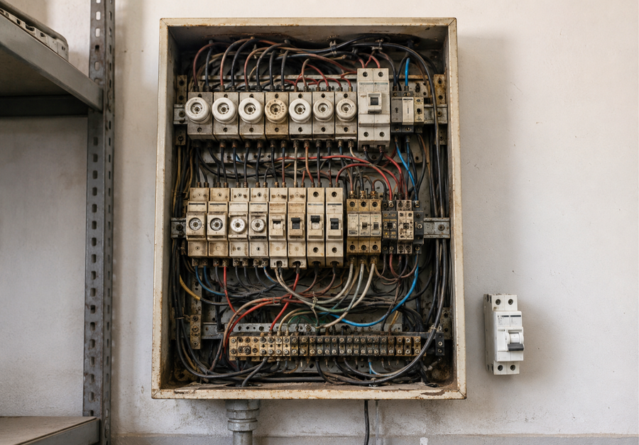 Verouderde elektrische installatie in een bedrijfspand die moet worden vernieuwd