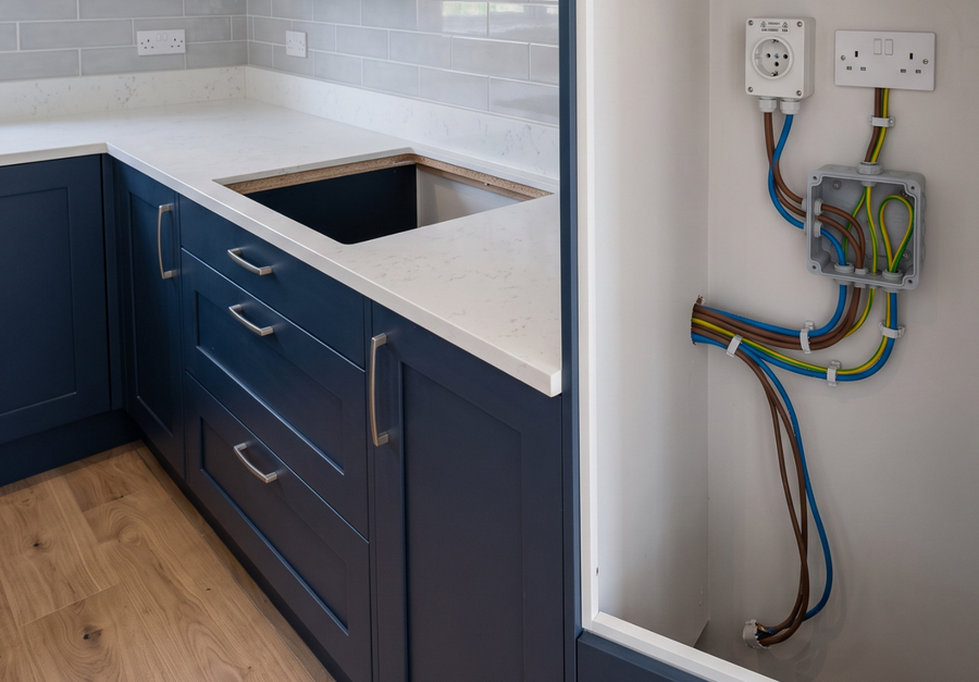 Nieuwe keuken in aanbouw met voorbereide elektra voor een Perilex-aansluiting