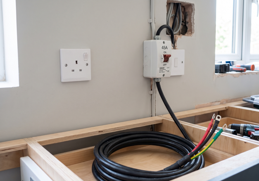 Bestaand stopcontact en aansluitkabel worden gecontroleerd voor een inductiekookplaat