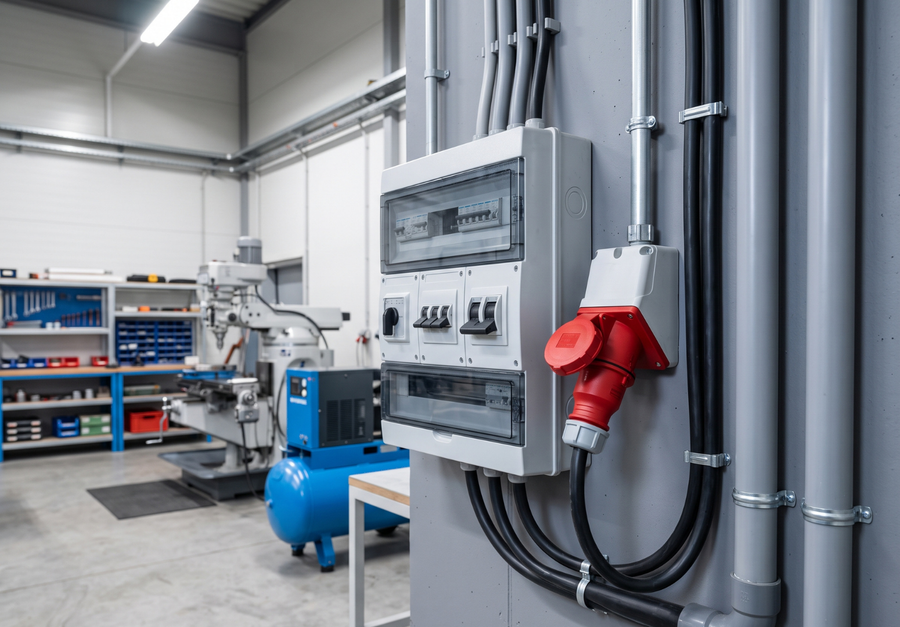Werkplaats met rode krachtstroomstekker voor machines en professioneel gereedschap