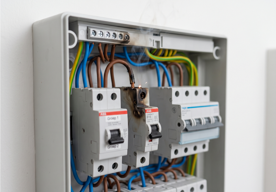 Spoed elektricien inspecteert verbrande bedrading bij kortsluiting