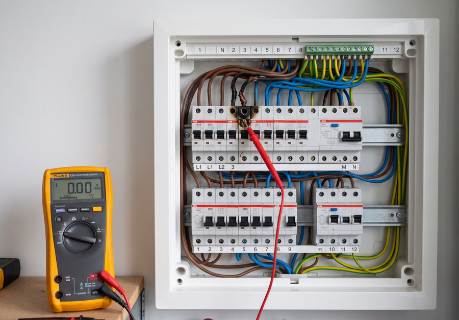Elektricien spoort een terugkerende elektrische storing op met meetapparatuur