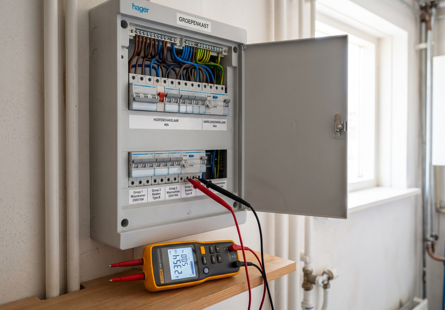Aardlekschakelaar wordt doorgemeten tijdens een veiligheidscontrole